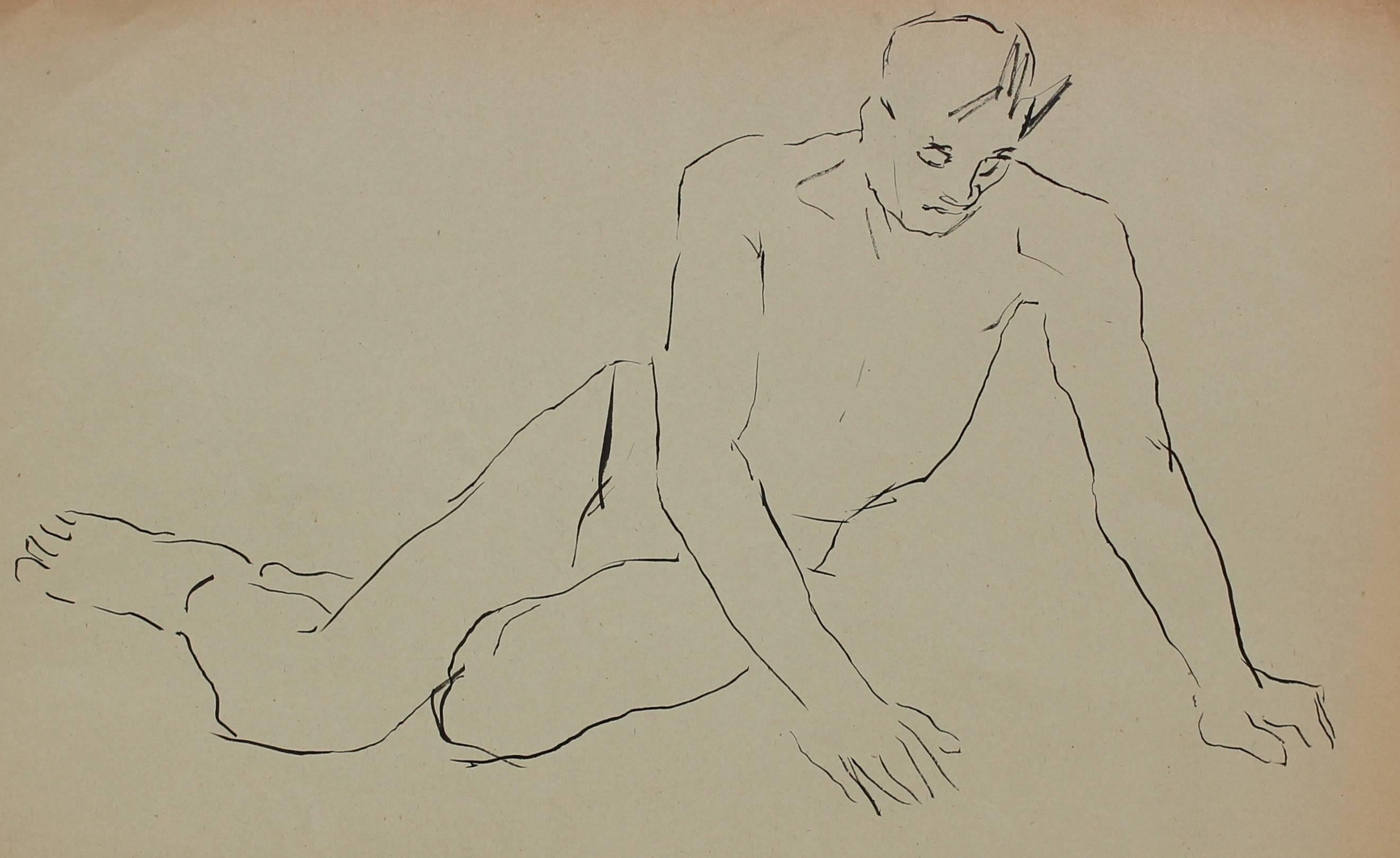 Helen Sewell Rennie Nude - Minimal Male Figure in Ink, Circa 1940s