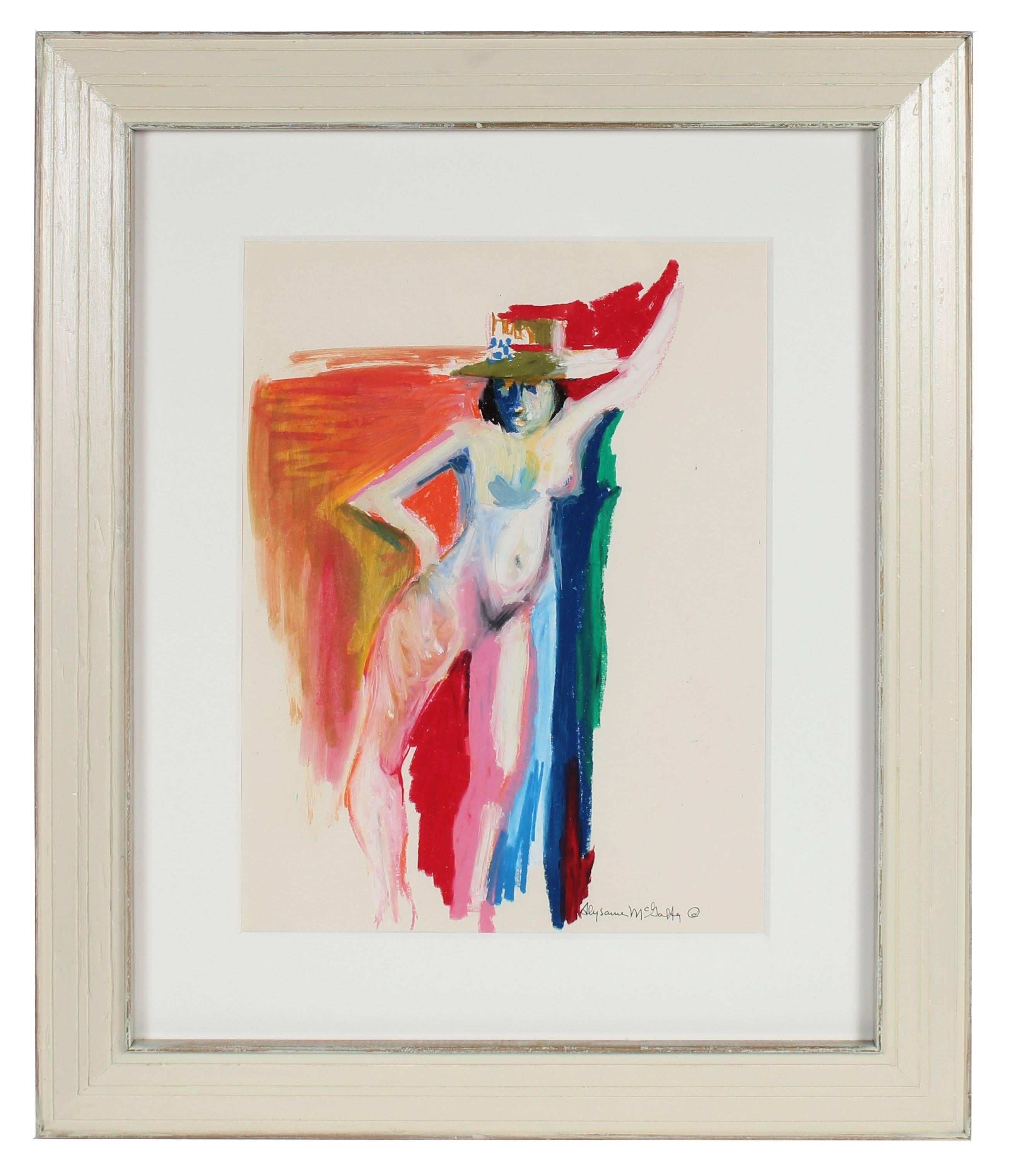 Colorful Nude Figure with Hat, Distemper and Pastel Drawing on Paper, 1950s-60s