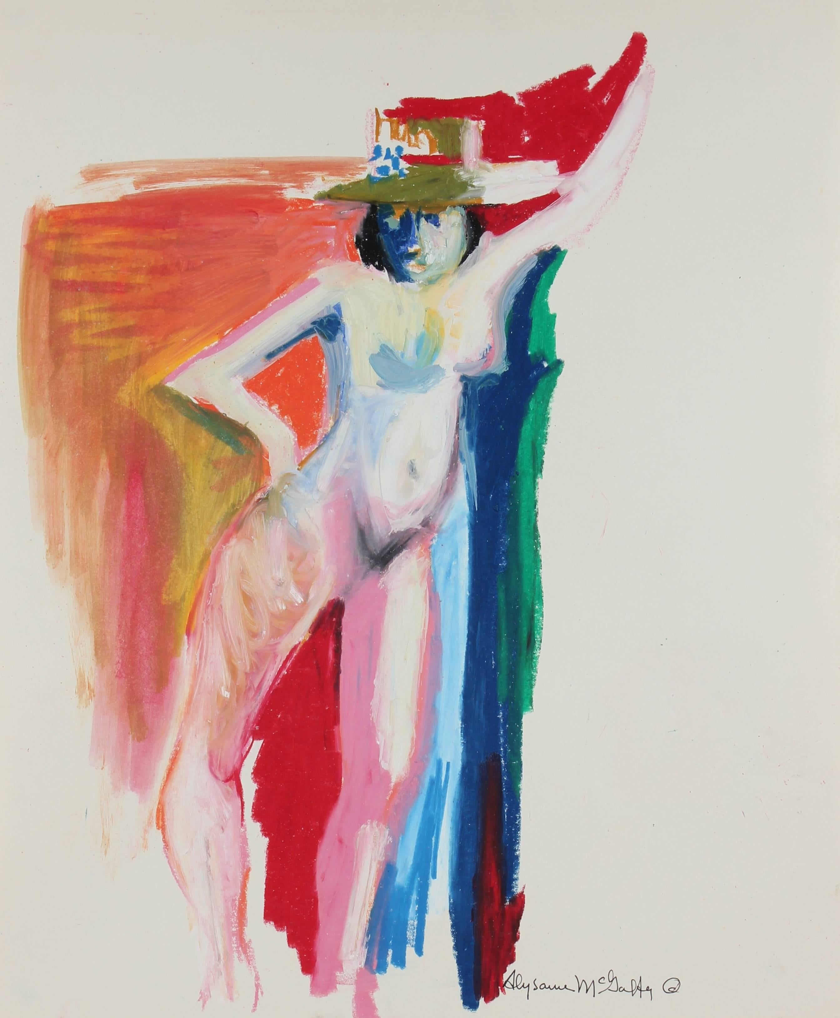 Colorful Nude Figure with Hat, Distemper and Pastel Drawing on Paper, 1950s-60s - Art by Alysanne McGaffey