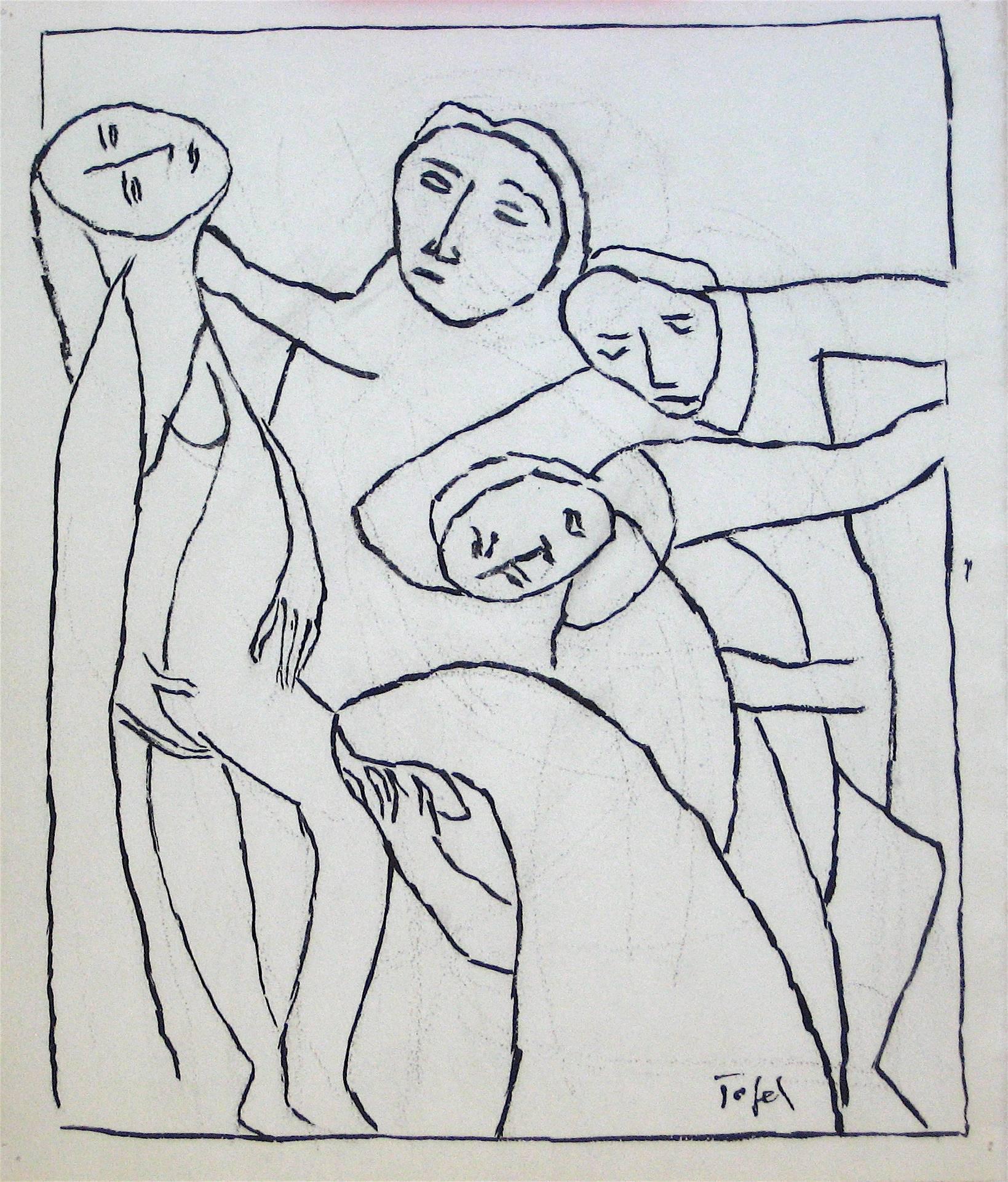 Jennings Tofel Figurative Art - Expressionist Line Drawing of Figurative Scene in Ink, Early 20th Century