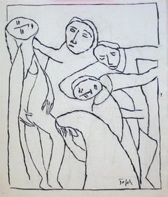 Expressionist Line Drawing of Figurative Scene in Ink, Early 20th Century