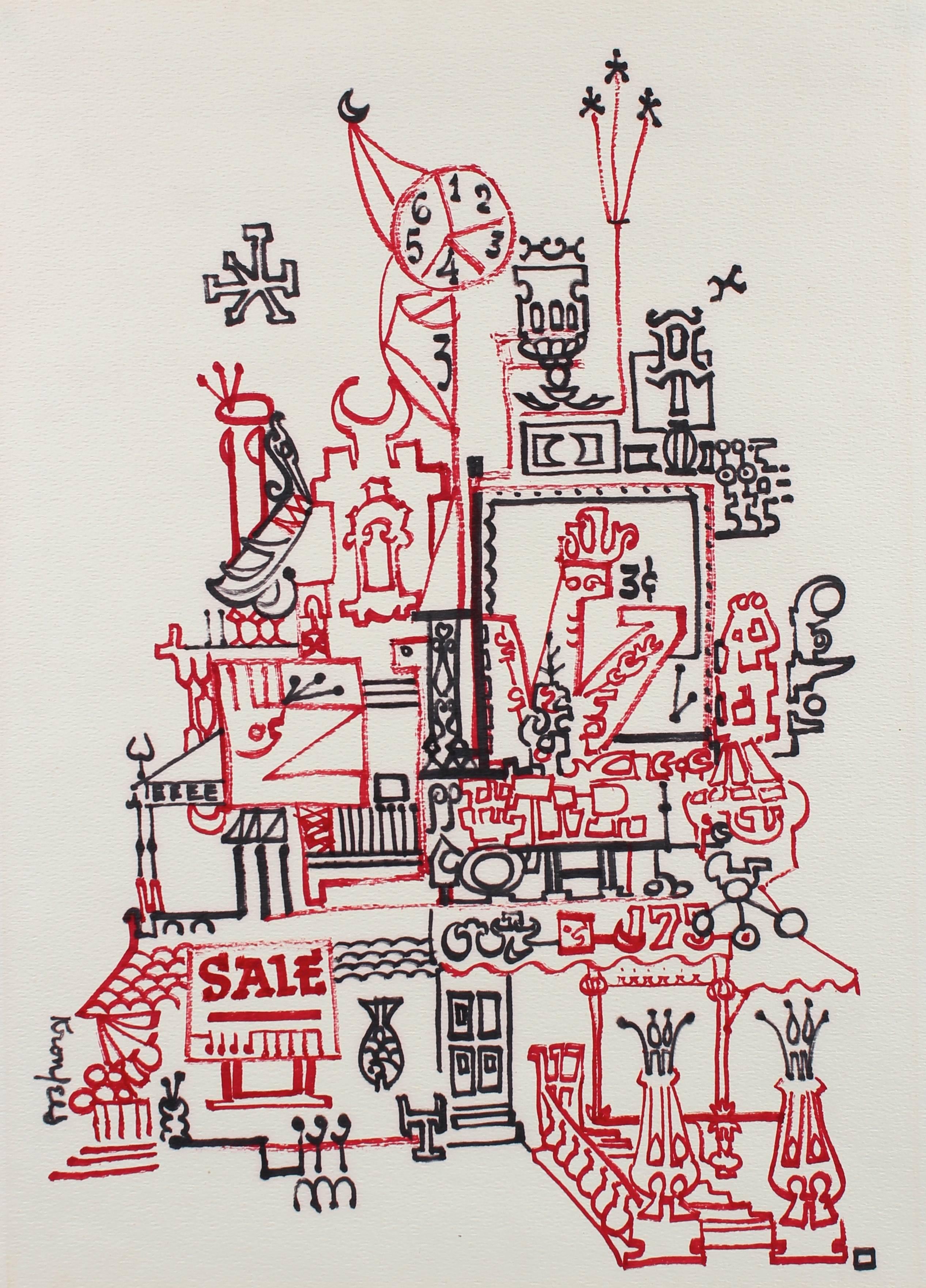 Morris Kronfeld Abstract Drawing - Architectural Fantasy Drawing in Red and Black Marker, Circa 1960s