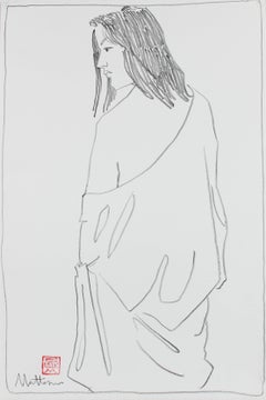 Draped Figure in Black Charcoal, Late 20th Century Drawing