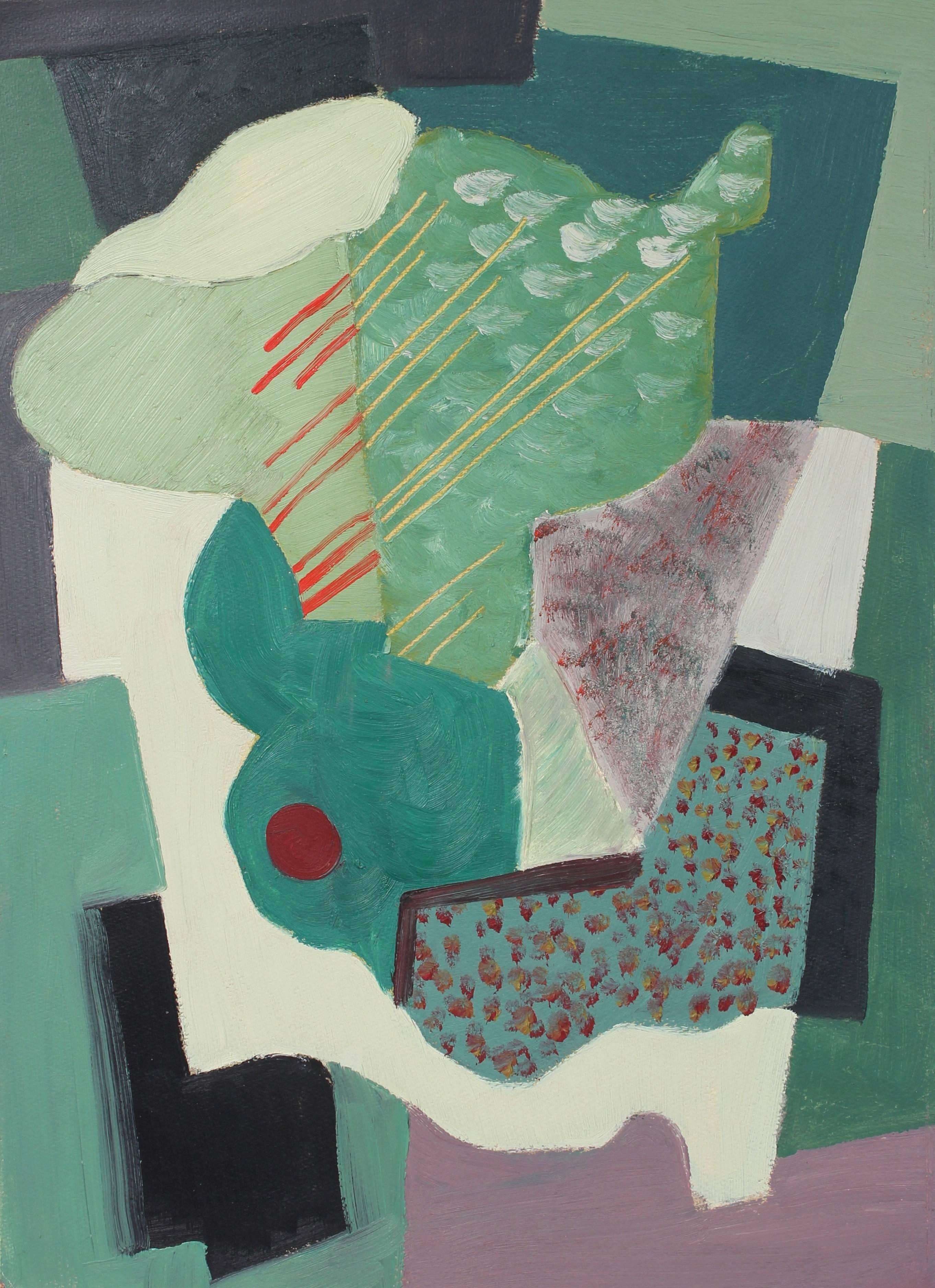 Mid Century Modern Abstracted Still Life in Green, Oil on Paper, 1943 - Painting by Calvin Anderson