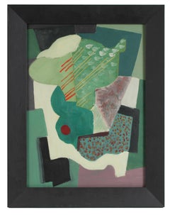 Mid Century Modern Abstracted Still Life in Green, Oil on Paper, 1943