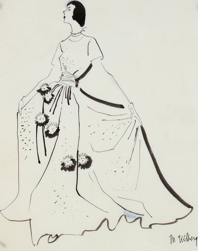 Marjorie Ullberg Figurative Art - Mid Century Modern Fashion Illustration in Black Ink, Circa 1950