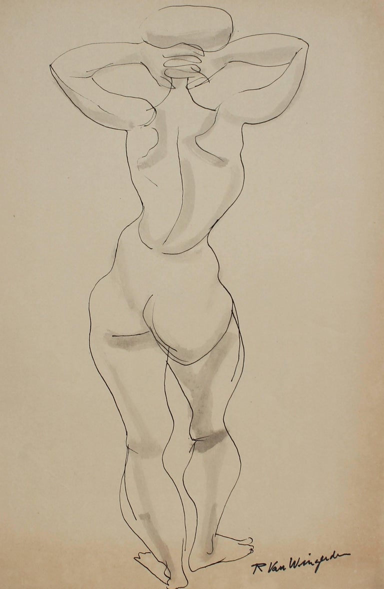Richard Van Wingerden Nude - Monochromatic Expressionist Figure in Ink, Mid 20th Century