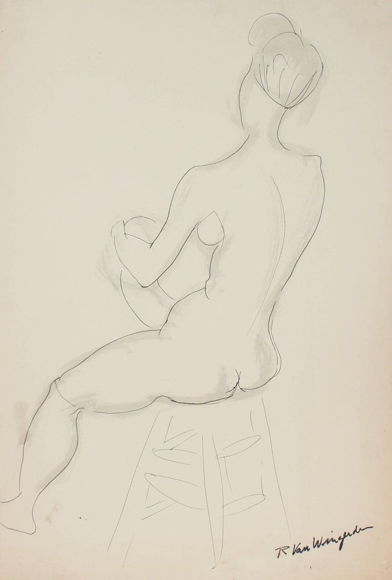 Richard Van Wingerden Nude - Seated Expressionist Figure in Ink, Mid 20th Century