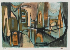 Modernist Lithograph in Blue and Brown, Circa 1950s