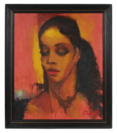 Modernist Portrait of a Woman with Red, Oil on Canvas, Mid 20th Century