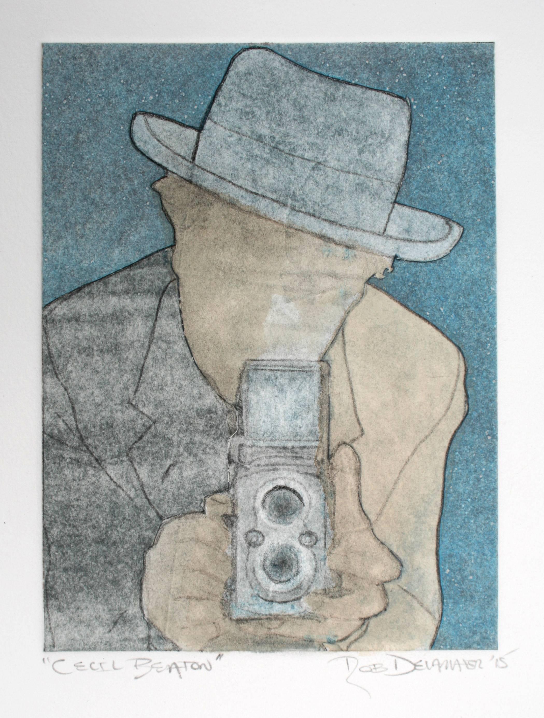 Entitled "Cecil Beaton" this 2015 mixed media monoprint on heavy archival paper piece is by San Francisco artist and Lost Art Salon co-owner Rob Delamater (b.1966). This piece was created for his Fall, 2015 show, "This is What Artists Look Like".