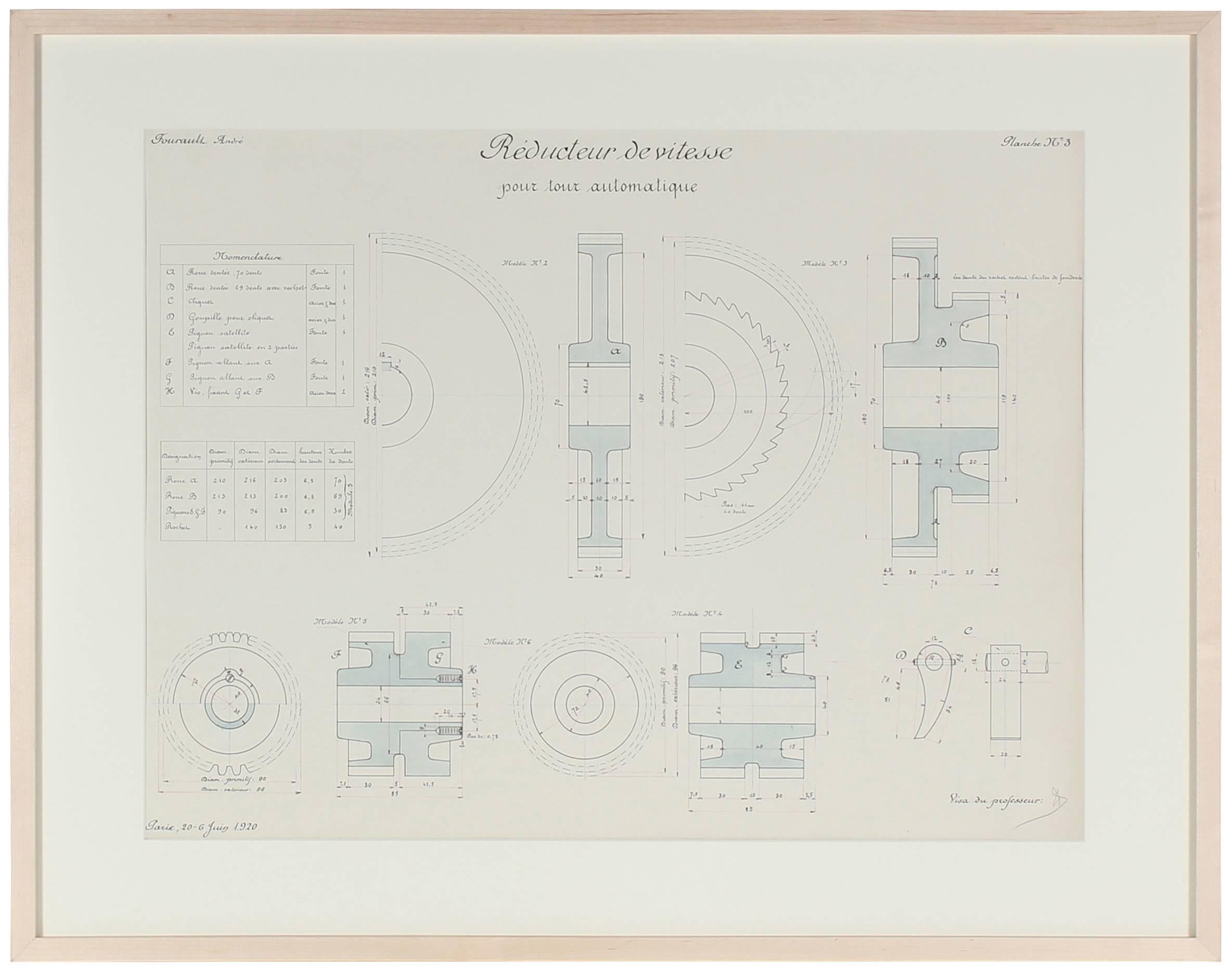 Andre Fourault Abstract Drawing - French Mechanical Engineering Drawing, Ink and Gouache