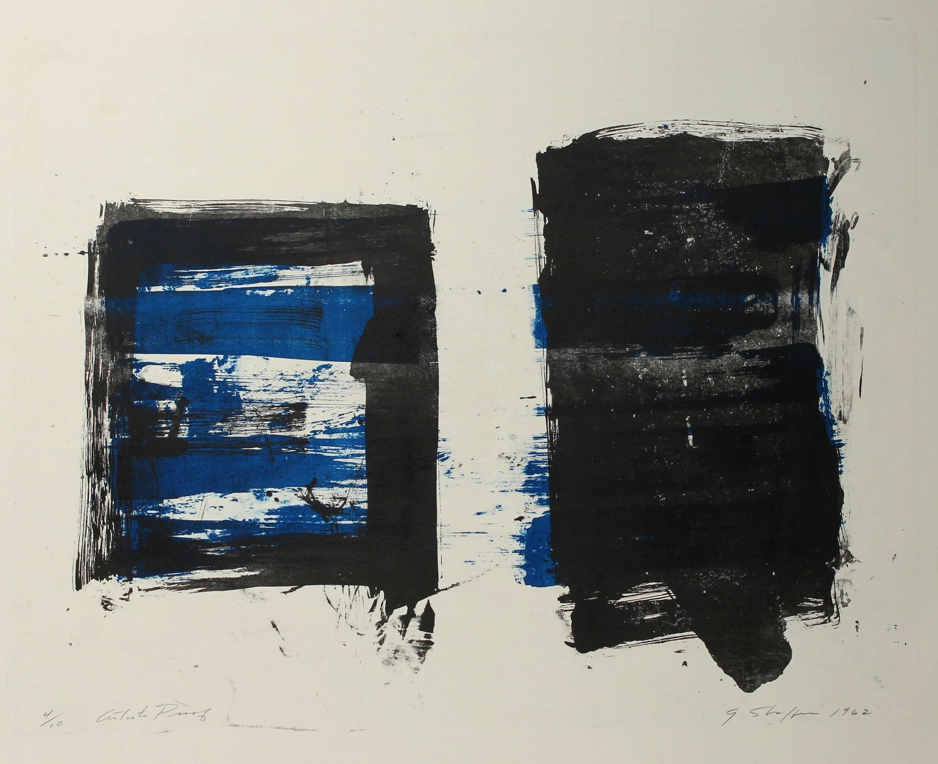 Abstract Expressionist Lithograph in Blue & Black - Mixed Media Art by Gary Lee Shaffer