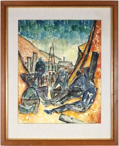 "Six Men By the Sea" Modernist Watercolor Painting, 1937