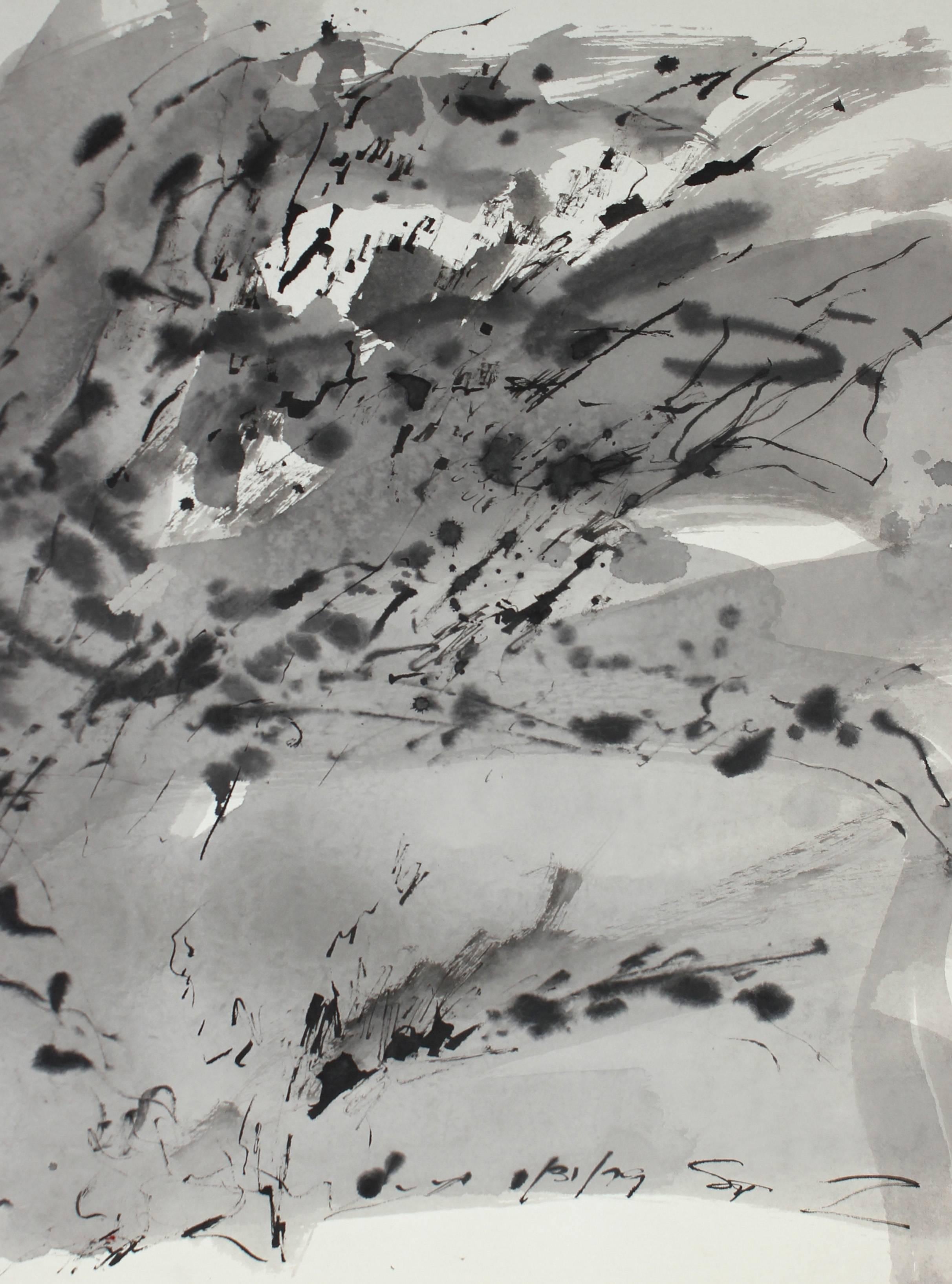 Seymour Tubis Abstract Painting - Monochromatic Ink Wash Abstract
