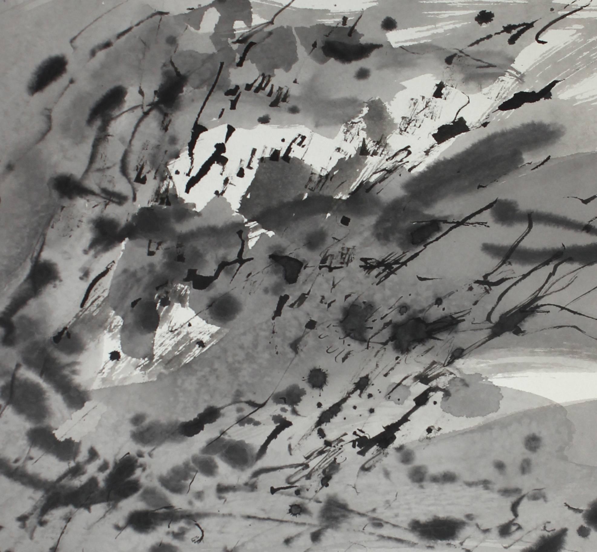 Monochromatic Ink Wash Abstract - Gray Abstract Painting by Seymour Tubis