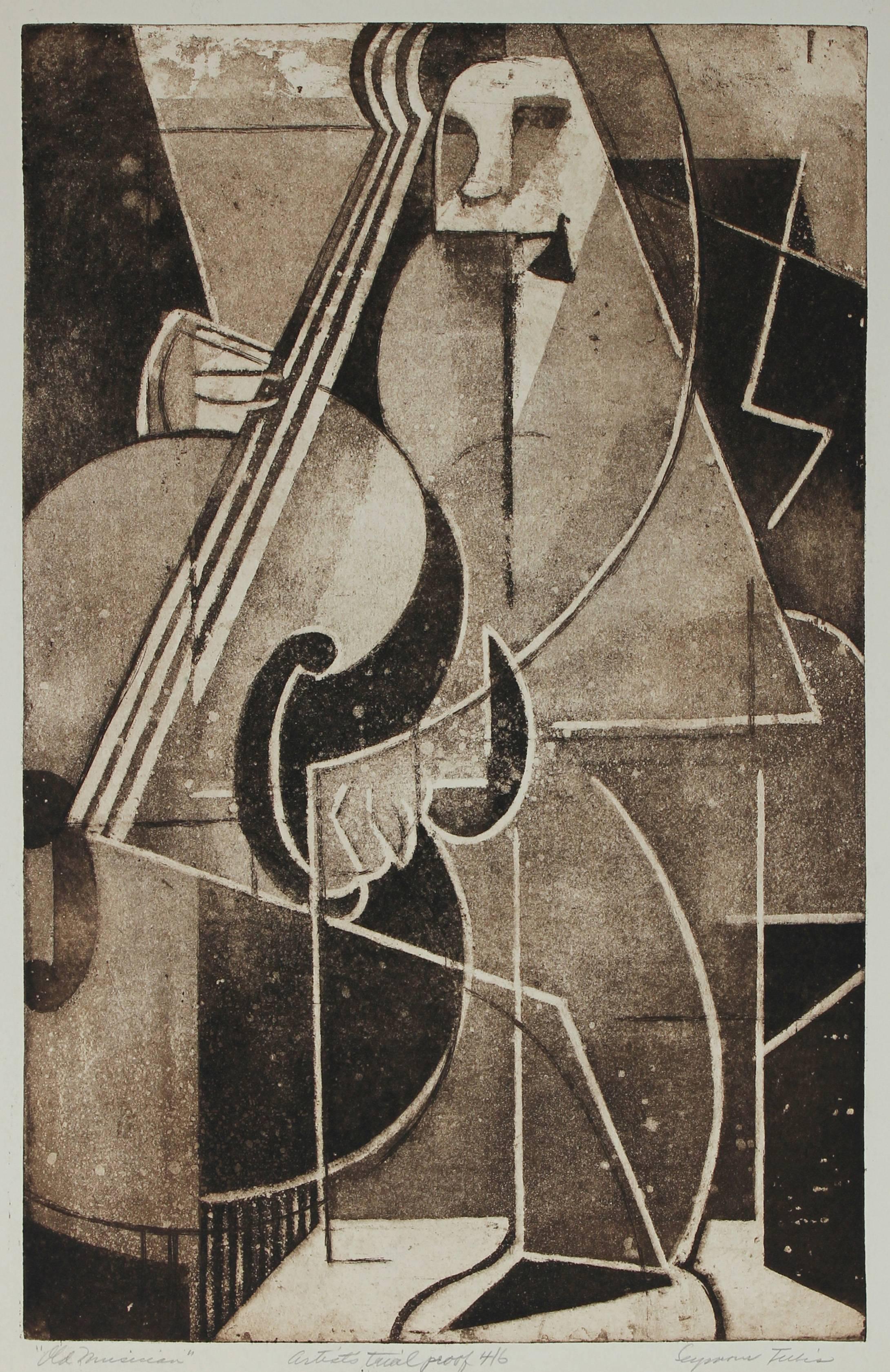 Entitled "Old Musician" this etching on paper is by Santa Fe artist, Seymour Tubis (1919-1993). Tubis studied at the Art Students League with Hans Hofmann (1946-1949). He exhibited in Paris with praise by Georges Braque (1950) and was chair of the