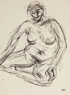 Expressionist Ink Nude Drawing, Circa Mid 20th Century