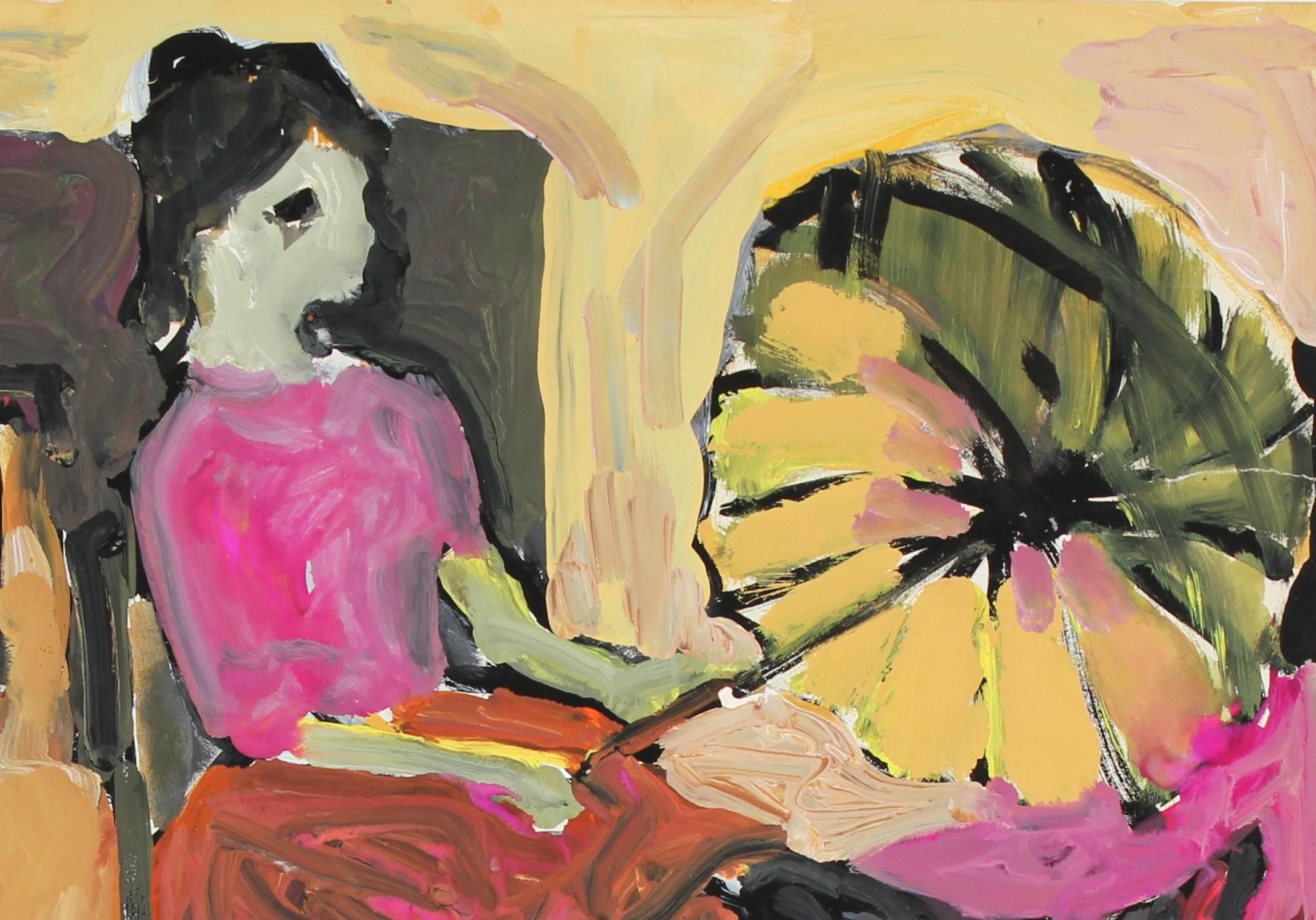 Bay Area Figurative Woman with Parasol, Circa 1960s - Expressionist Painting by Alysanne McGaffey