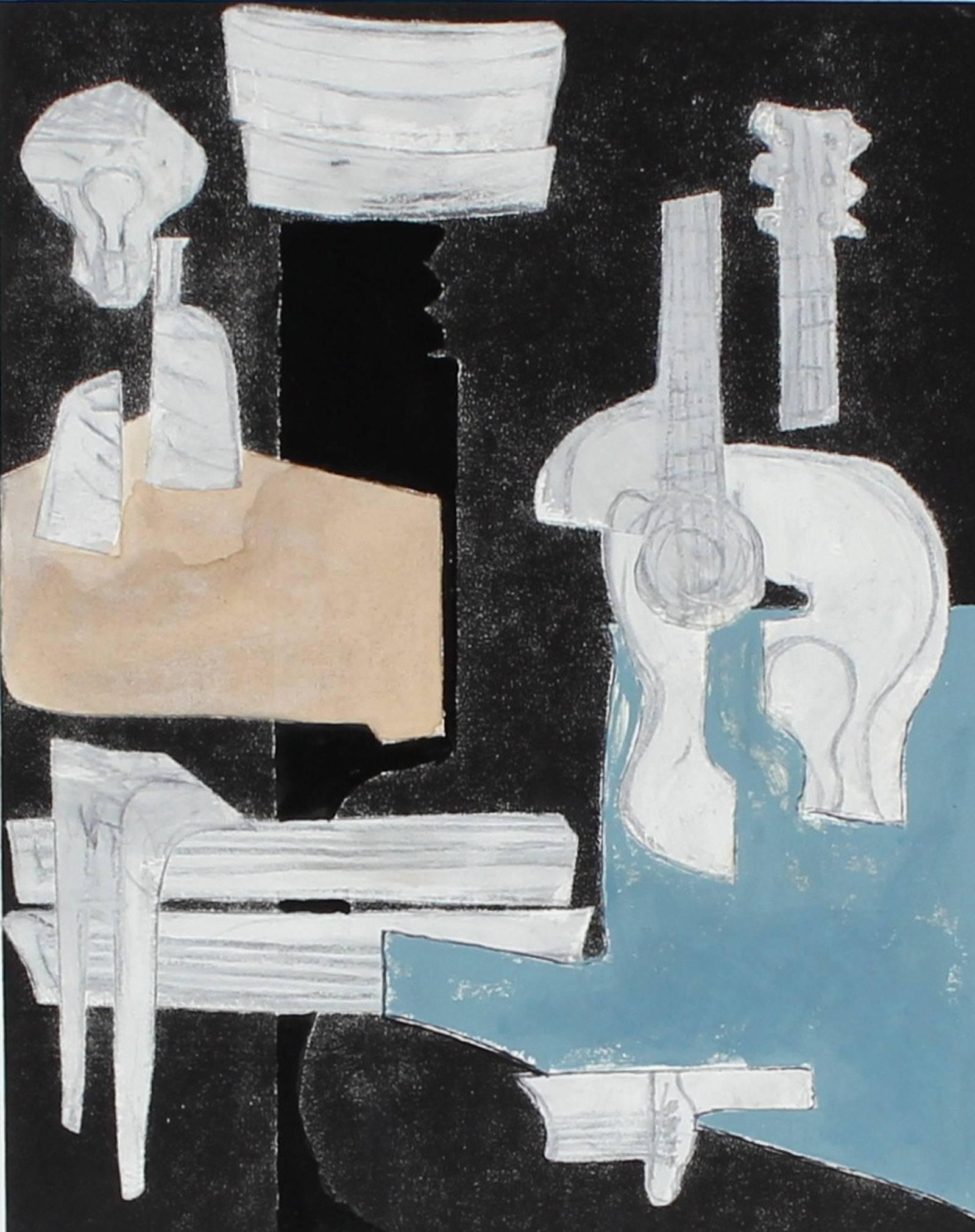 Rob Delamater Still-Life Painting - Contemporary Mixed Media, "Still Life with Guitar"