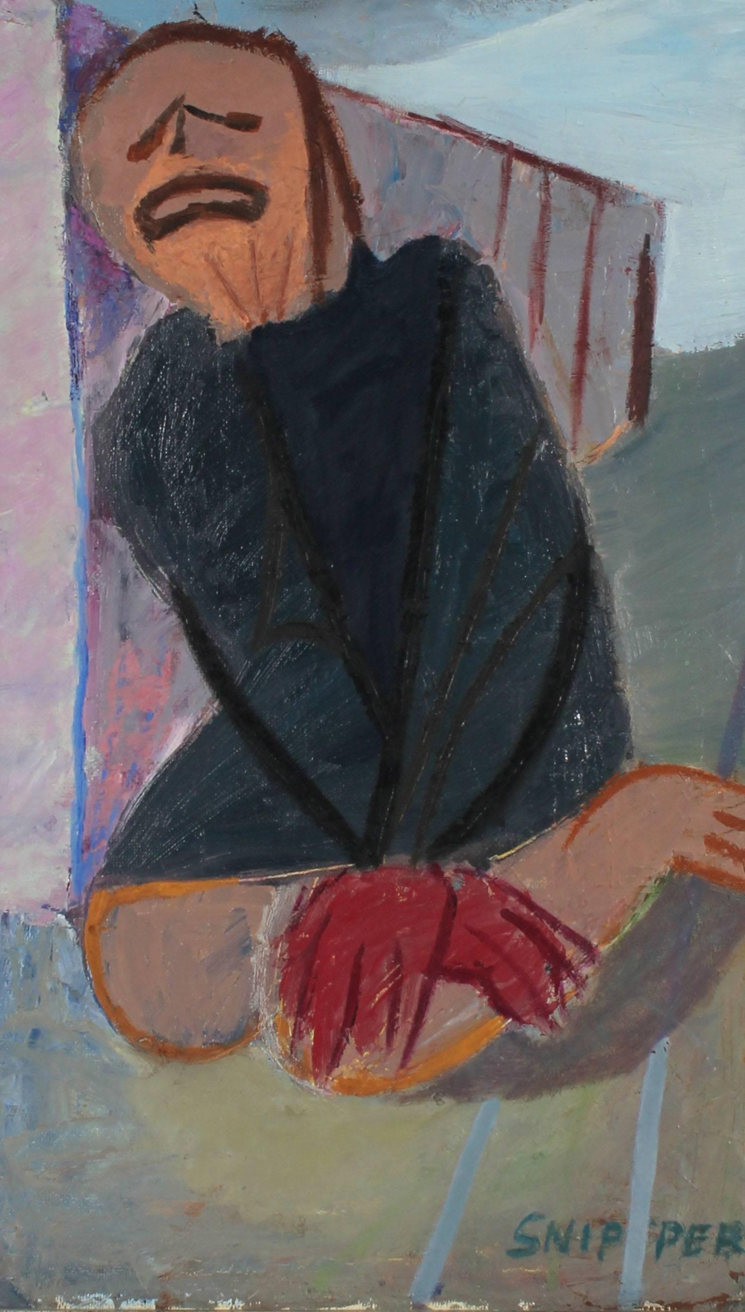 This 1940-50s oil on masonite figure is by San Francisco North Beach artist Martin Snipper (1914-2008).  Snipper studied at the National Academy of Art In New York and exhibited at the San Francisco Art Museum's (later to become SFMOMA) annual