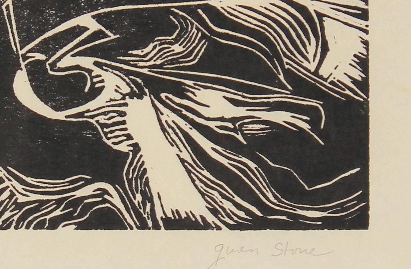 Monochromatic Linocut Abstract, Late 20th Century - Print by Gwen Stone