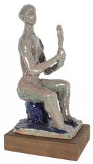 Seated Figure with Mirror, Ceramic Sculpture in Gray with Turquoise and Navy