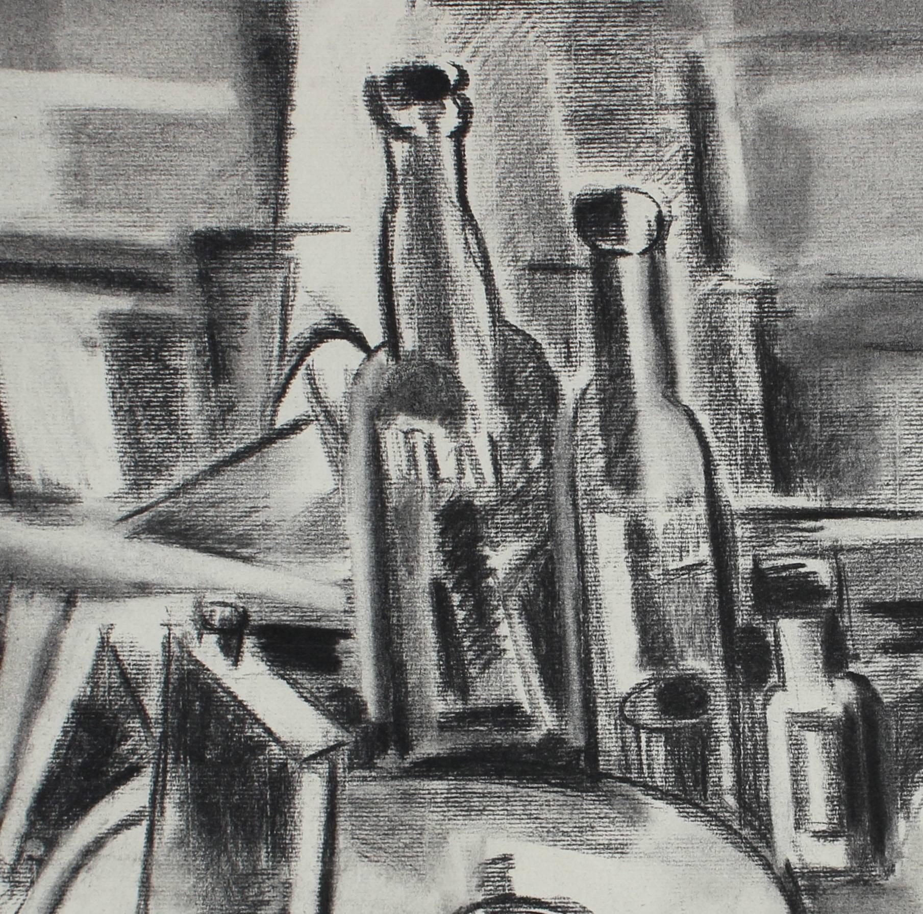 This 1949 charcoal on paper Paris still life is by Santa Fe artist, Seymour Tubis (1919-1993). Tubis studied at the Art Students League with Hans Hofmann (1946-1949). He exhibited in Paris in 1950 and won praise from Georges Braque. He was also