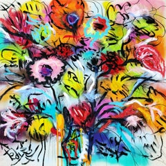 BOUQUET OF WILDFLOWERS 32" x 32" - A colourful, vibrant bouquet of wild flowers