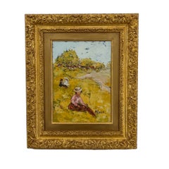 Peinture figurative postimpressionniste française, personnages élégants, cadre d'origine