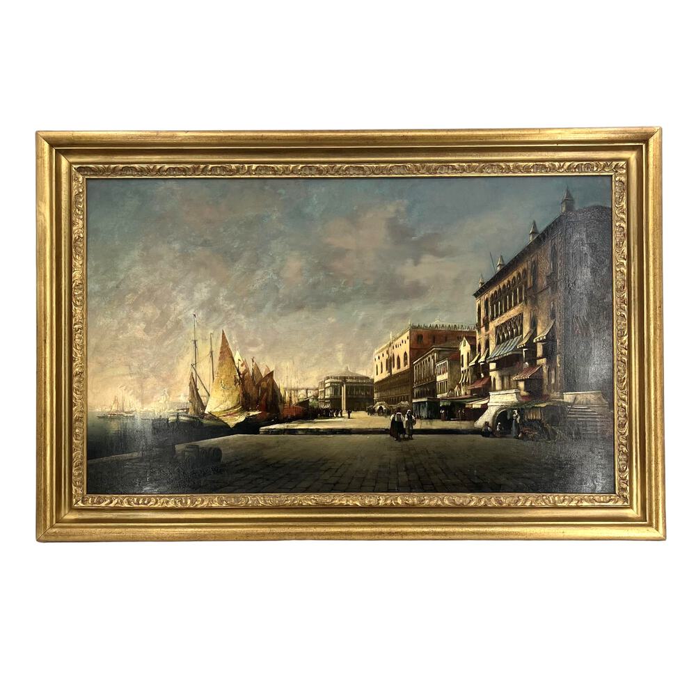 This American Barbizon-style Venice landscape by Thaddeus Defrees (1855–1888) is a highly detailed oil on canvas, signed lower right and dated 1884. Presented in its original frame, the painting reflects Defrees’ particular talent for Venetian