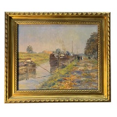 Henri Duhem, peintre impressionniste français. « Péniches », huile sur toile, cadre d'origine