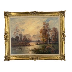 Fisherman at Sunrise, French Impressionist Oil Painting, Signed, 31x25
