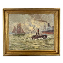 German Marine Painting With Sailing Vessels, Sylt Germany