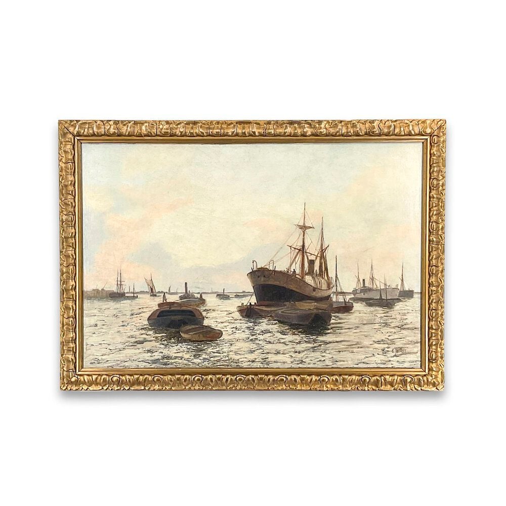 Edward Henry Eugene Fletcher Landscape Painting - British Thames Marine Painting, Ships on the Thames, Original Frame