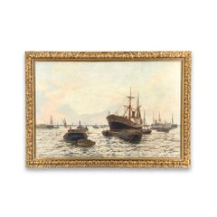 British Thames Marine Painting, Ships on the Thames, Original Frame