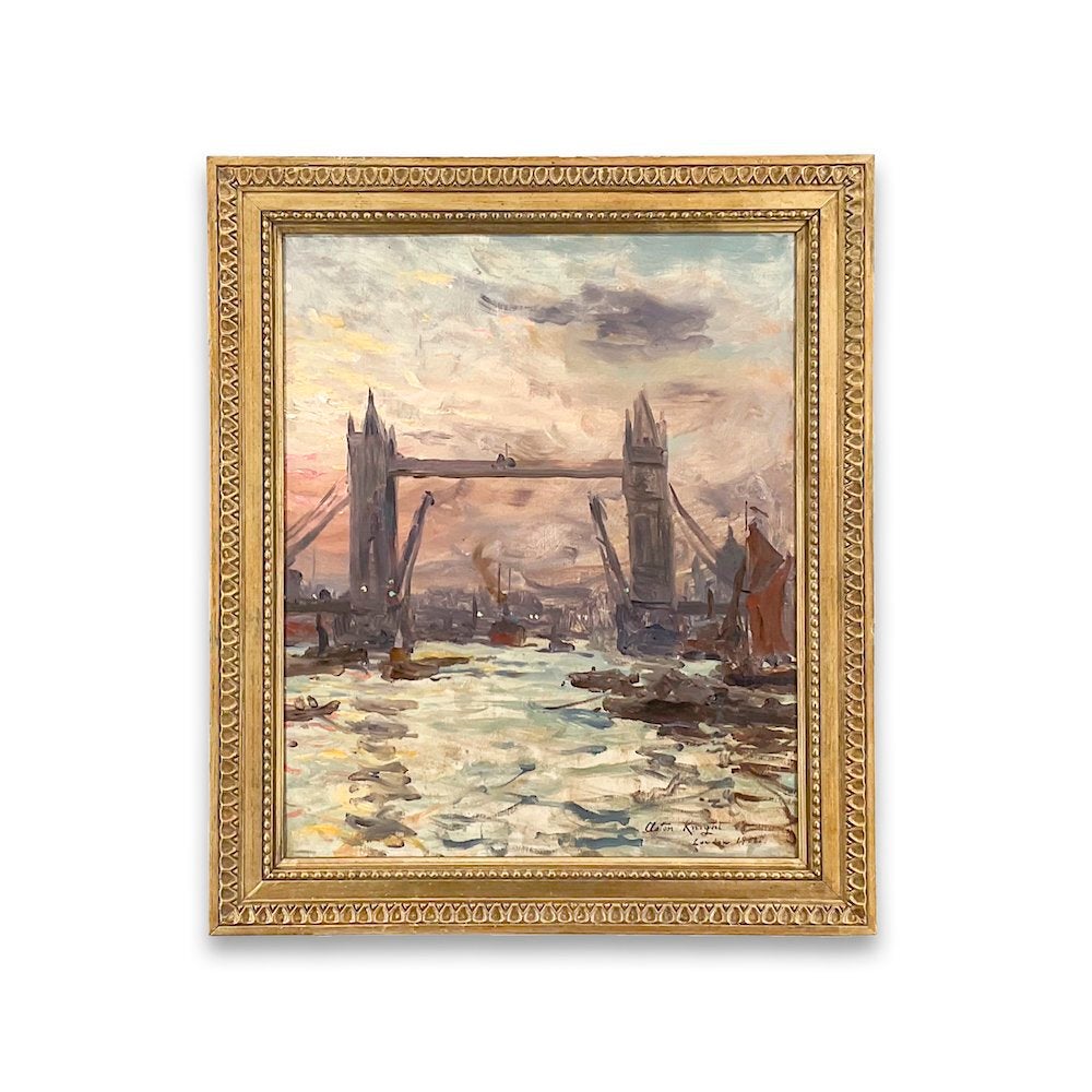 Peinture à l'huile « Thames Bridge », impressionniste américain, signée et datée, 22 x 26