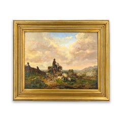 Peinture à l'huile représentant un paysan et des animaux, Belgique, XIXe siècle, signée, 30,5 x 22,5
