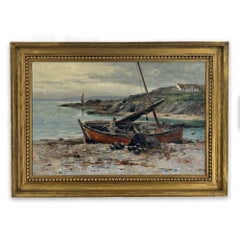 Scottish Fisherman Coastal Landscape Oil Painting, 19th-Century Original Frame