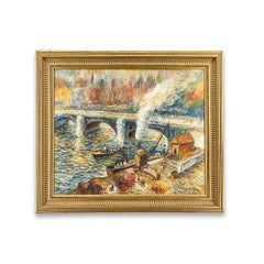 French Impressionist Seine River Landscape With Boats and Bridge, Oil Painting