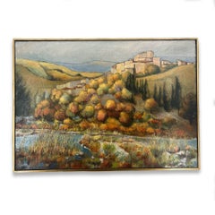 Large French Modernist Stylized Colorful Landscape Oil Painting, Original Frame