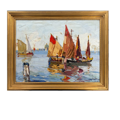 Hungarian Impressionist Mediterranean Sailboats Oil Painting, Early 20th C.