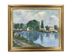 1931 French Post-Impressionist River Landscape Oil Painting 33.5" Original Frame