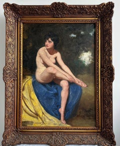 Large Seated Nude on Blue and Yellow Drapery - Mária Szánthó (1897- 1998)