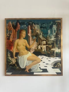 Marcel Delmotte – Young Woman with a Sphere Against a Surrealist Landscape.