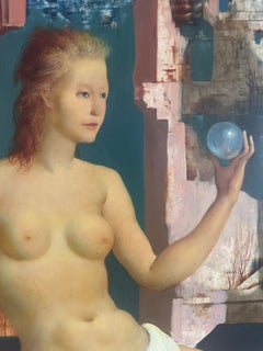 Marcel Delmotte – Young Woman with a Sphere Against a Surrealist Landscape.
