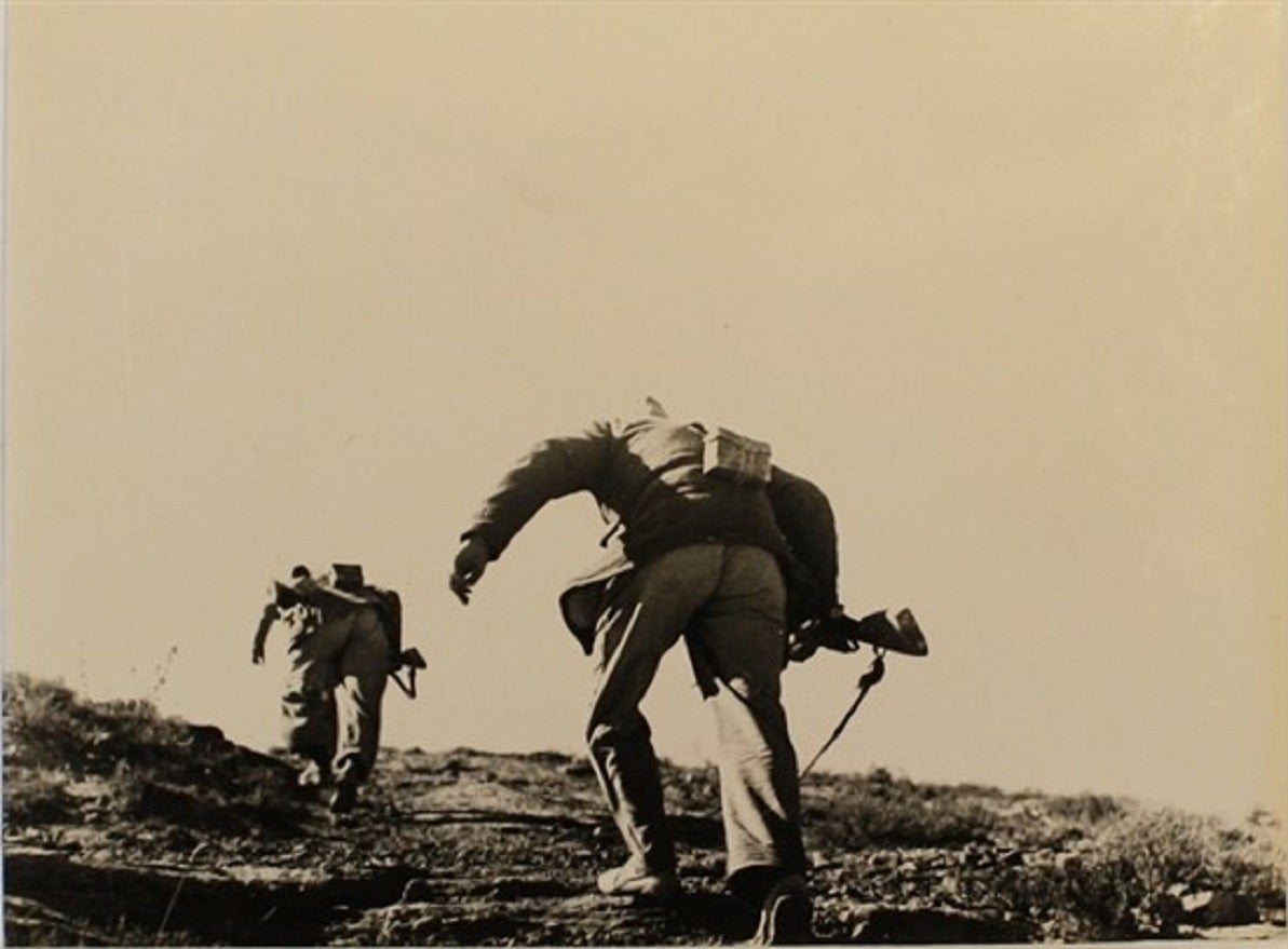 Loyalist Soldiers Running Up Hill, Battle of Rio Segre, Aragon front - Photograph by Robert Capa