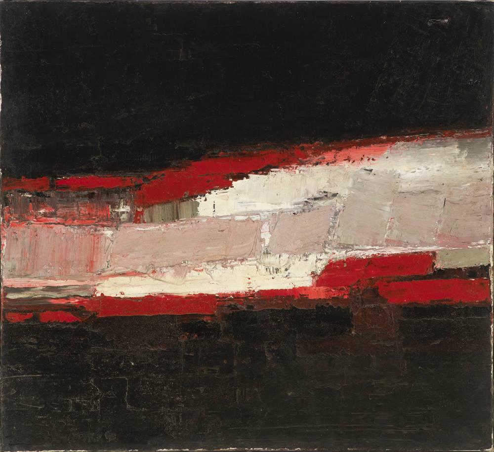 Signed verso

By the late 1950s, when Kinley painted Red, White and Black and other pared down palette-knifed abstractions of landscape with subliminal suggestions of the human figure, the Vienna-born, St. Martin’s-trained painter had already