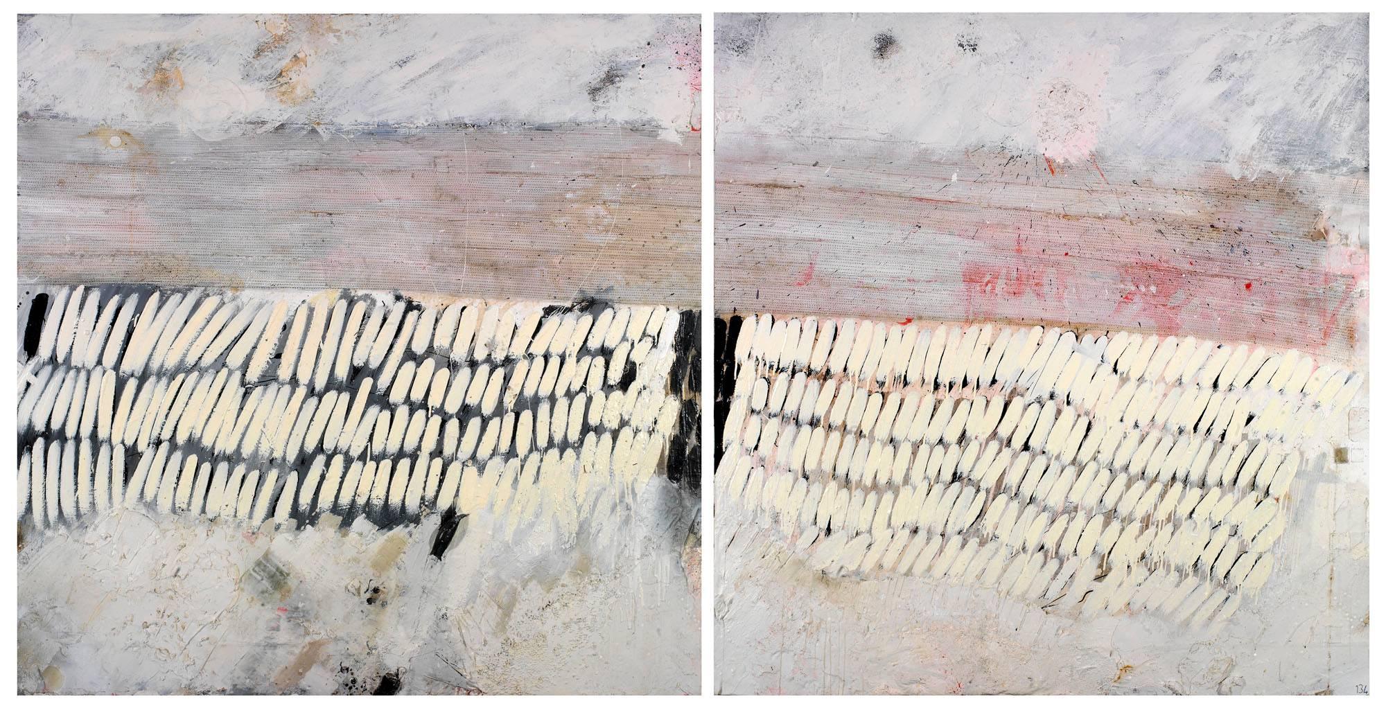 John Blackburn Abstract Painting - Diptych (Battle) - Contemporary, mixed media abstract painting