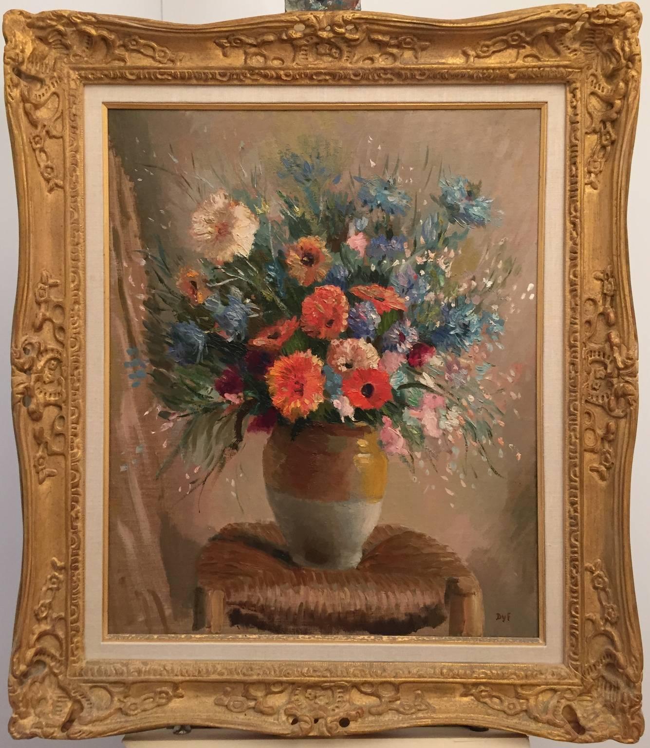 Marcel Dyf Still-Life Painting - "Still Life on Chair"  oil on canvas  1969  Excellent condition, French floral